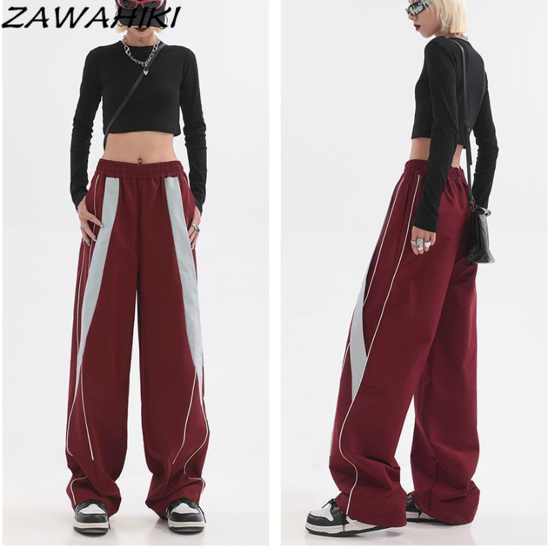 High Street Naiste sörkijad Tehnilised püksid Vintage soliidne keskmise vöökohaga nöör kottis püksid laia säärega dressipüksid Streetwear kaubapüksid