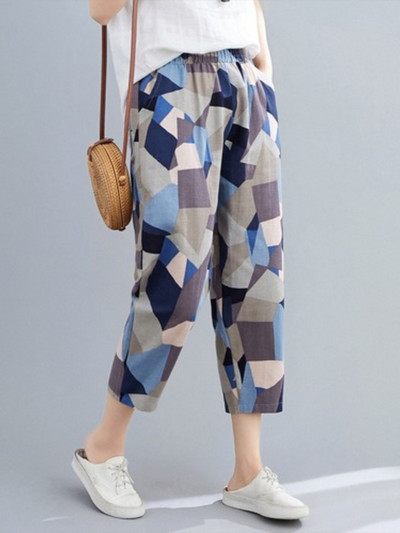 Módne potlačené bavlnené ľanové háremové nohavice pre ženy 2022 Letné ležérne nohavice s vysokým pásom po lýtka, voľné nohavice, dámske streetwear