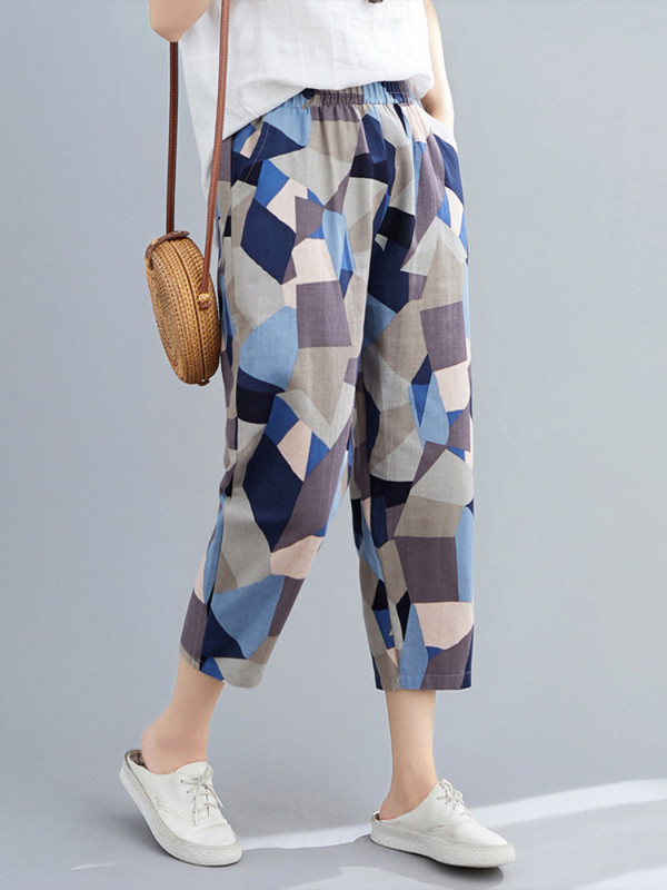 Módne potlačené bavlnené ľanové háremové nohavice pre ženy 2022 Letné ležérne nohavice s vysokým pásom po lýtka, voľné nohavice, dámske streetwear