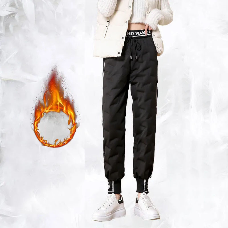 Utcai divatos női pehelynadrágok 2022 új betűs patchwork téli hárem Pantalones szélálló, meleg, elasztikus derékú havas melegítőnadrág