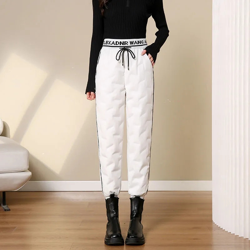 Utcai divatos női pehelynadrágok 2022 új betűs patchwork téli hárem Pantalones szélálló, meleg, elasztikus derékú havas melegítőnadrág