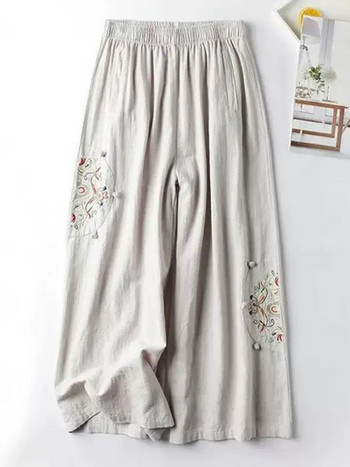 Γυναικείο παντελόνι από βαμβακερό μείγμα 2023 Γυναικείο casual ίσιο παντελόνι Κέντημα με λουλούδια Φαρδύ παντελόνι με φαρδύ πόδι για γυναίκες Pantalon Femme