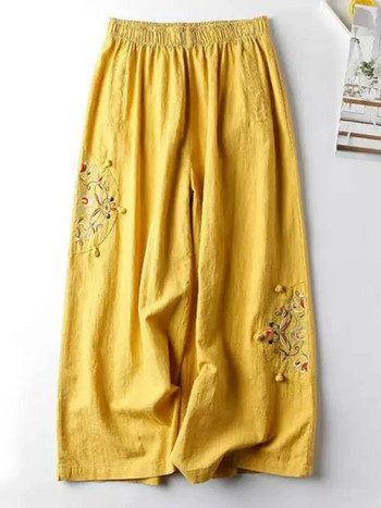 Γυναικείο παντελόνι από βαμβακερό μείγμα 2023 Γυναικείο casual ίσιο παντελόνι Κέντημα με λουλούδια Φαρδύ παντελόνι με φαρδύ πόδι για γυναίκες Pantalon Femme