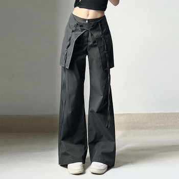 Y2K φαρδύ παντελόνι με μέση μέση Γυναικείο φαρδύ παντελόνι Cargo Άνετο μαύρο μονόχρωμο vintage κορδόνι με χαλαρή εφαρμογή με μεγάλες τσέπες