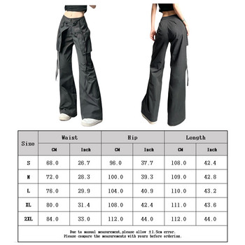 Y2K φαρδύ παντελόνι με μέση μέση Γυναικείο φαρδύ παντελόνι Cargo Άνετο μαύρο μονόχρωμο vintage κορδόνι με χαλαρή εφαρμογή με μεγάλες τσέπες