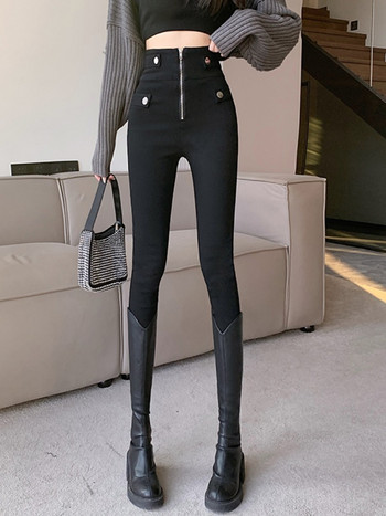 Φθινόπωρο Άνοιξη 2022 Νέο μαύρο κολάν Casual ελαστικό ψηλόμεσο γυναικείο ελαστικό παντελόνι με μεταλλικά κουμπιά ήταν λεπτό Pencil παντελόνι