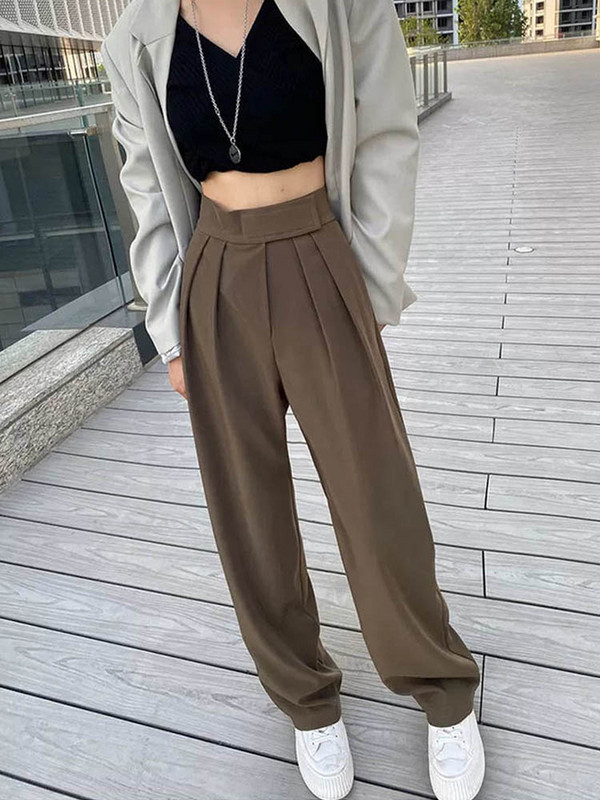 Széles lábú női klasszikus öltöny nadrág Vintage Palazzo Office Elegáns alkalmi fekete nadrág Női magas deréknadrág