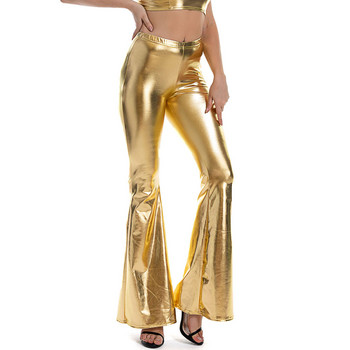 Σέξι PU Δερμάτινο Μεταλλικό Παντελόνι Γυαλιστερό Holographic Flare Παντελόνι Γυναικείο Κοριτσίστικο Bodycon Ελαστική Μέση Καμπάνα Παντελόνι Clubwear