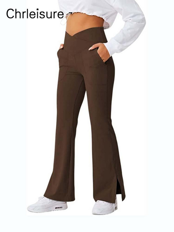 CHRLEISURE Skinny Sport Nadrágok Női Tavaszi Fitness Keresztbe húzott magas derekú Nadrág Alkalmi, osztott zsebű, fényes nadrág Női