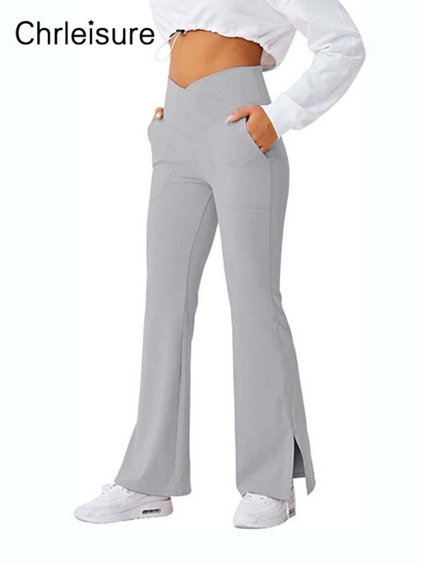 CHRLEISURE Skinny Sport Nadrágok Női Tavaszi Fitness Keresztbe húzott magas derekú Nadrág Alkalmi, osztott zsebű, fényes nadrág Női