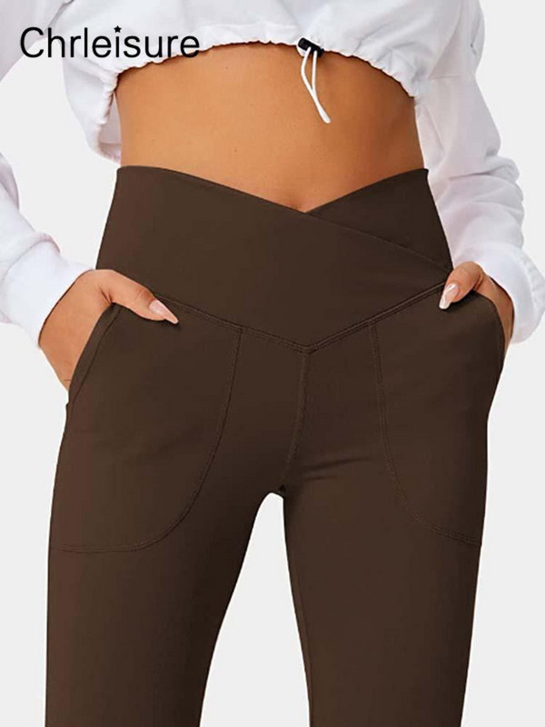 CHRLEISURE Skinny Sport Nadrágok Női Tavaszi Fitness Keresztbe húzott magas derekú Nadrág Alkalmi, osztott zsebű, fényes nadrág Női