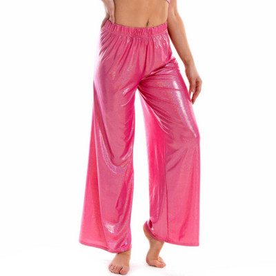 Női divat Fényes metál spandex Disco Pole Dance széles szárú nadrág Elasztikus derék Hip Hop nadrág Bő utcai viselet Jazz nadrág