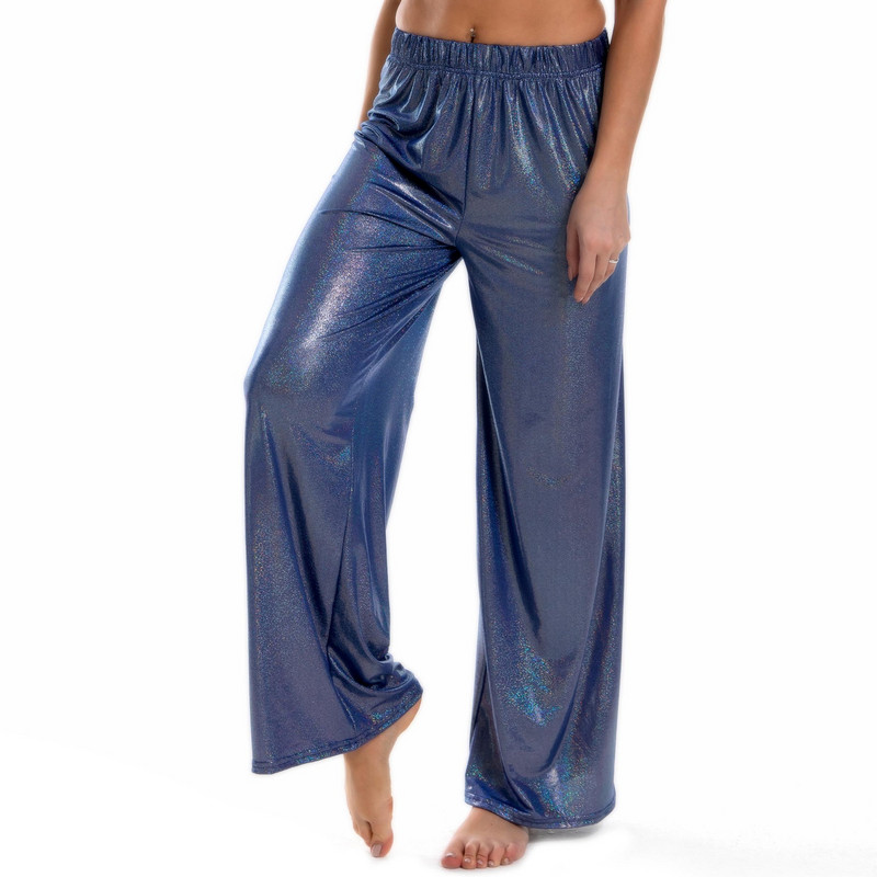 Női divat Fényes metál spandex Disco Pole Dance széles szárú nadrág Elasztikus derék Hip Hop nadrág Bő utcai viselet Jazz nadrág