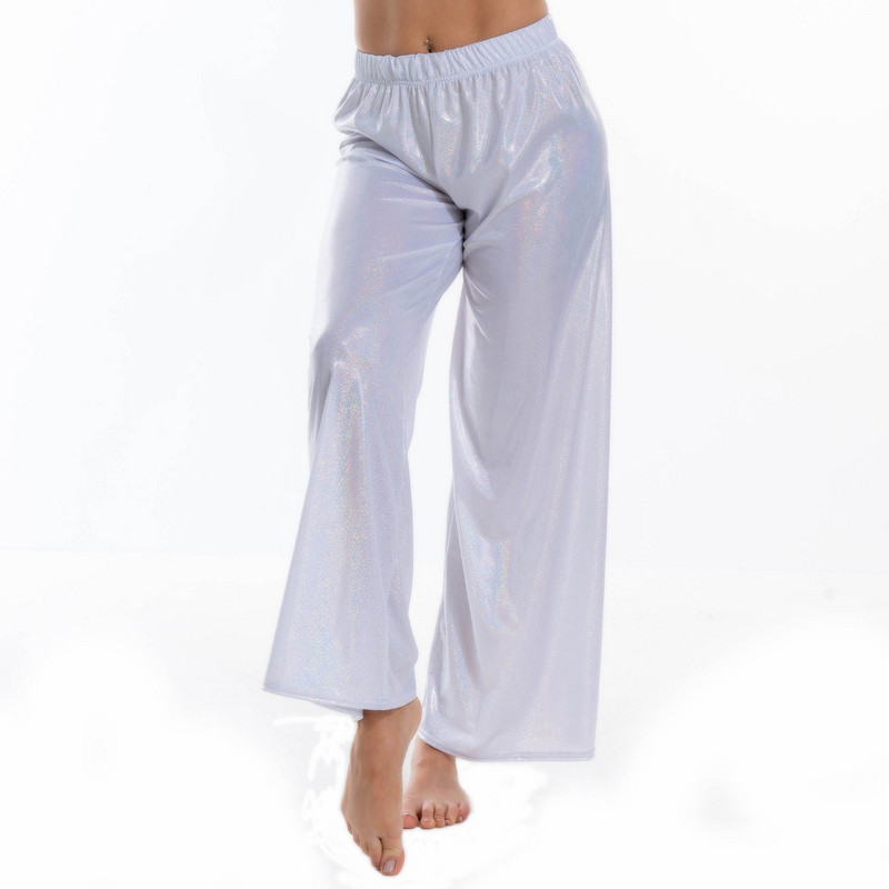 Női divat Fényes metál spandex Disco Pole Dance széles szárú nadrág Elasztikus derék Hip Hop nadrág Bő utcai viselet Jazz nadrág