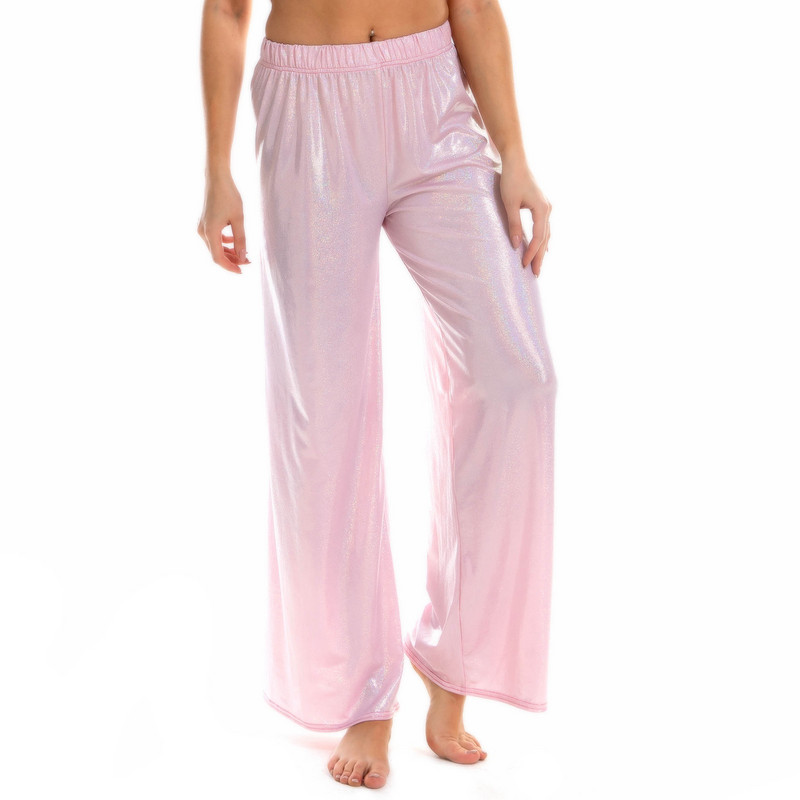 Női divat Fényes metál spandex Disco Pole Dance széles szárú nadrág Elasztikus derék Hip Hop nadrág Bő utcai viselet Jazz nadrág
