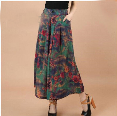 Nagy méretű nyári női nyomtatás virágmintás széles szárú lenge vászon ruha nadrág Női alkalmi szoknya Nadrág Capris Culottes N597