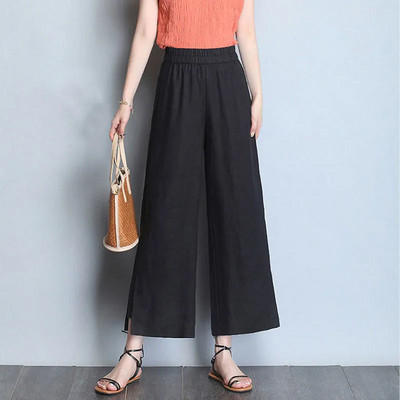 Pavasaris Vasaras Biroja dāma Elastīga augsta jostasvieta deviņu punktu bikses kokvilnas kaņepes ikdienišķas plānas cietas, grumbainas, brīvas platas bikses