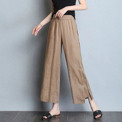 Pavasaris Vasaras Biroja dāma Elastīga augsta jostasvieta deviņu punktu bikses kokvilnas kaņepes ikdienišķas plānas cietas, grumbainas, brīvas platas bikses