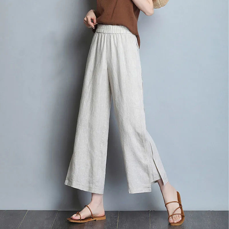 Pavasaris Vasaras Biroja dāma Elastīga augsta jostasvieta deviņu punktu bikses kokvilnas kaņepes ikdienišķas plānas cietas, grumbainas, brīvas platas bikses