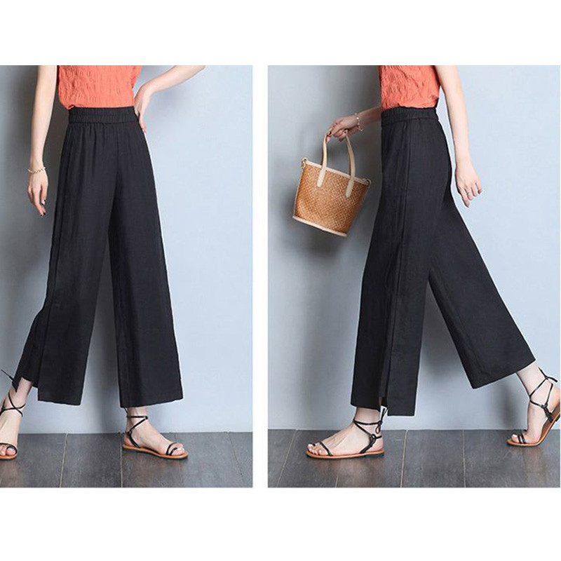 Pavasaris Vasaras Biroja dāma Elastīga augsta jostasvieta deviņu punktu bikses kokvilnas kaņepes ikdienišķas plānas cietas, grumbainas, brīvas platas bikses