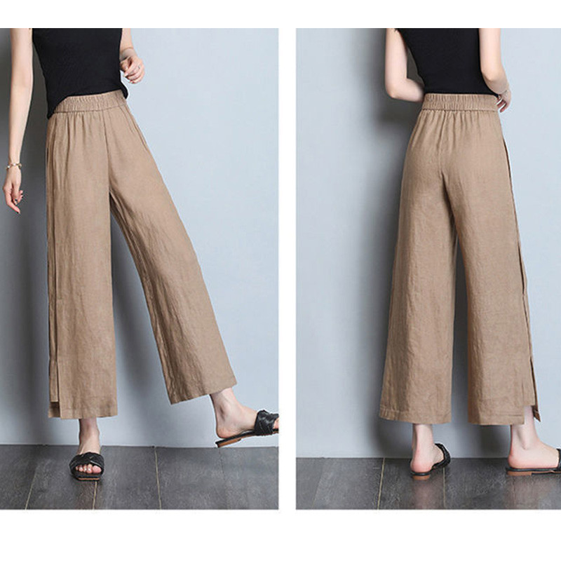 Pavasaris Vasaras Biroja dāma Elastīga augsta jostasvieta deviņu punktu bikses kokvilnas kaņepes ikdienišķas plānas cietas, grumbainas, brīvas platas bikses