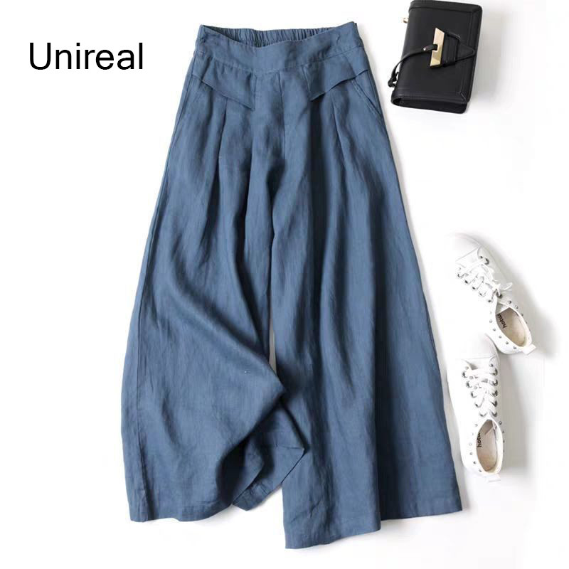 Unireal, 2022. gada vasaras rudens sievietēm, lina bikses, kas ir ar augstu vidukli, melns, balts, elastīgas, ikdienas apgrieztas bikses