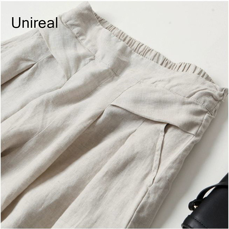 Unireal, 2022. gada vasaras rudens sievietēm, lina bikses, kas ir ar augstu vidukli, melns, balts, elastīgas, ikdienas apgrieztas bikses
