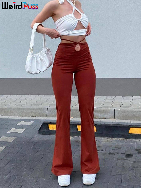 Dīvaini puncis ikdienišķa pārsējs Sieviešu Y2K uzliesmojošas bikses šauri ar vēderu ar augstu vidukli bikses, izstieptas mežonīgas ielas apģērbs rudens apakšas