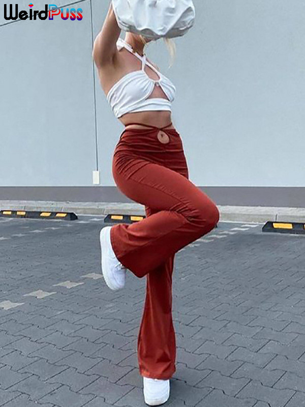 Dīvaini puncis ikdienišķa pārsējs Sieviešu Y2K uzliesmojošas bikses šauri ar vēderu ar augstu vidukli bikses, izstieptas mežonīgas ielas apģērbs rudens apakšas