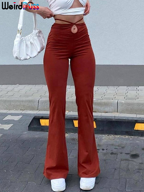 Dīvaini puncis ikdienišķa pārsējs Sieviešu Y2K uzliesmojošas bikses šauri ar vēderu ar augstu vidukli bikses, izstieptas mežonīgas ielas apģērbs rudens apakšas