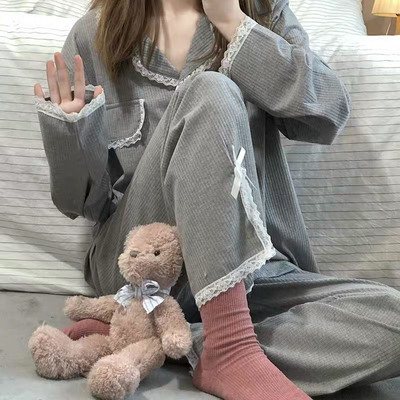 Kockás alkalmi pizsamagarnitúrák Női egysoros Ins Japán Lehúzható galléros hálóruha Tavaszi őszi rugalmas derékruha Új Mujer