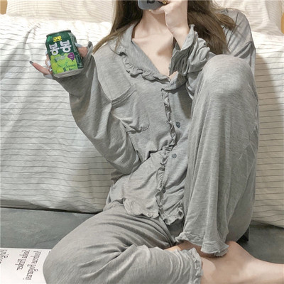 Kockás alkalmi pizsamagarnitúrák Női egysoros Ins Japán Lehúzható galléros hálóruha Tavaszi őszi rugalmas derékruha Új Mujer