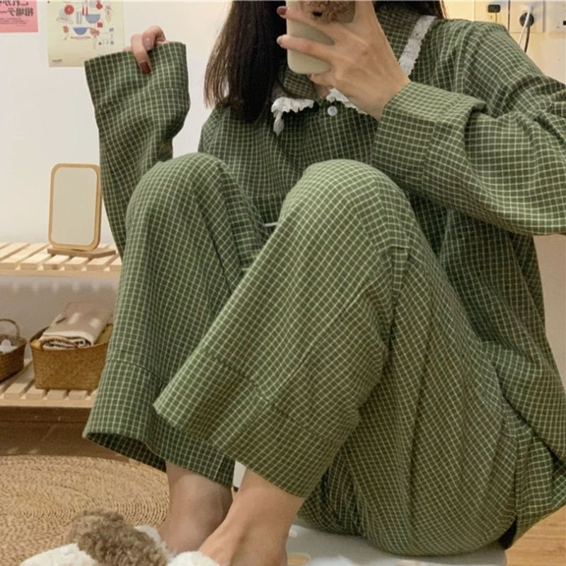 Kockás alkalmi pizsamagarnitúrák Női egysoros Ins Japán Lehúzható galléros hálóruha Tavaszi őszi rugalmas derékruha Új Mujer