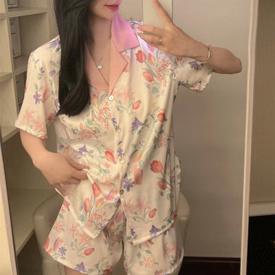 Divdaļīgs sieviešu komplekts pavasara vasaras pidžamas ar īsām piedurknēm sievietēm Zīda modes guļamveļa ziedu putnu apdruka Seksīgs satīna pidžamas komplekts