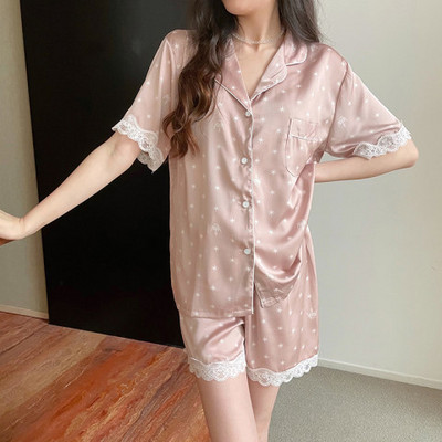 Divdaļīgs sieviešu komplekts pavasara vasaras pidžamas ar īsām piedurknēm sievietēm Zīda modes guļamveļa ziedu putnu apdruka Seksīgs satīna pidžamas komplekts