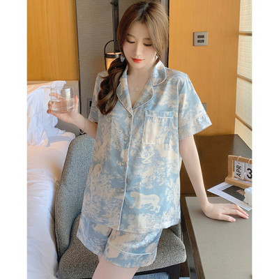 Divdaļīgs sieviešu komplekts pavasara vasaras pidžamas ar īsām piedurknēm sievietēm Zīda modes guļamveļa ziedu putnu apdruka Seksīgs satīna pidžamas komplekts