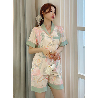 Divdaļīgs sieviešu komplekts pavasara vasaras pidžamas ar īsām piedurknēm sievietēm Zīda modes guļamveļa ziedu putnu apdruka Seksīgs satīna pidžamas komplekts