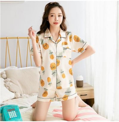 Divdaļīgs sieviešu komplekts pavasara vasaras pidžamas ar īsām piedurknēm sievietēm Zīda modes guļamveļa ziedu putnu apdruka Seksīgs satīna pidžamas komplekts