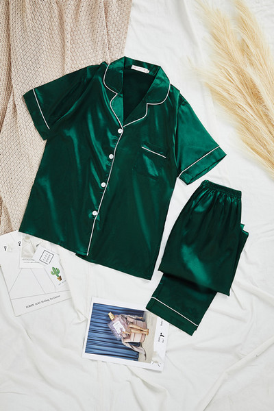 Γυναικεία Σετ Πυτζάμες Σατέν Πάρτυ Γυναικεία 2 τεμάχια πιτζάμες Κοντομάνικα Casual Σετ Πιτζάμες Άνοιξη Καλοκαίρι Σετ Πυτζάμες Μεταξωτό Σετ Πυτζάμες