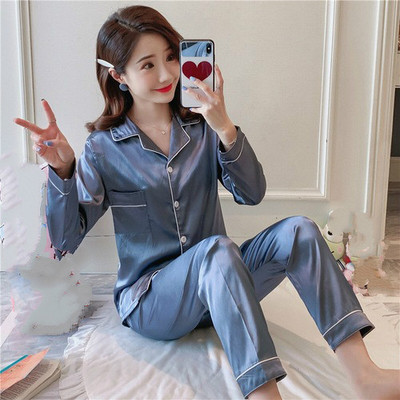 Új otthoni ruhák lányoknak tömör hosszú pizsamák lehúzható galléros női hálóruha fehérnemű női selyem pizsama szett 4XL 5XL