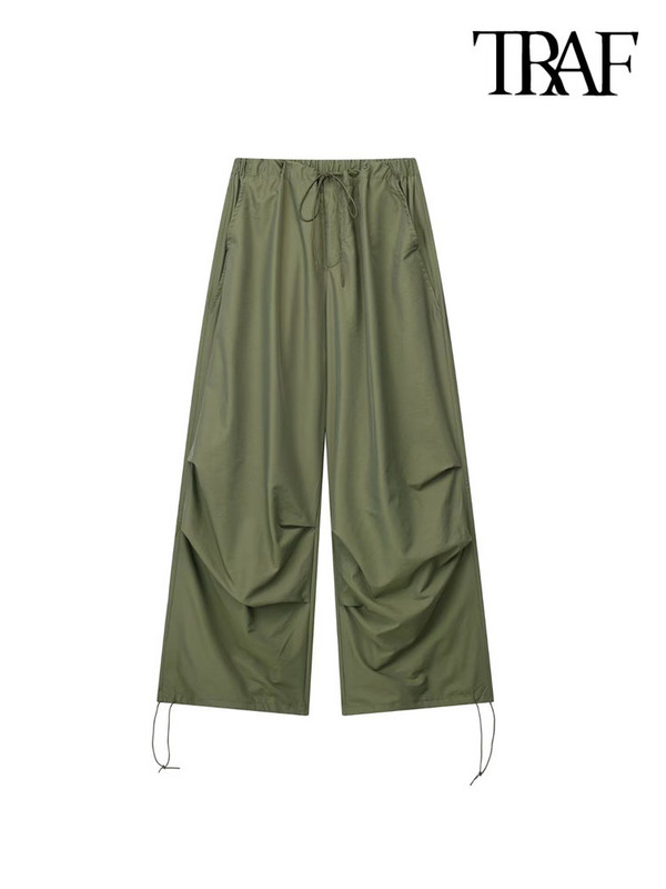 TRAF Sieviešu Modes Sānu kabatas Plisētas Izpletņa Bikses Vintage Augsts Elastīgs Viduklis Ar Savelkamām Auklām Sieviešu bikses Mujer