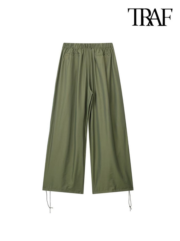 TRAF Sieviešu Modes Sānu kabatas Plisētas Izpletņa Bikses Vintage Augsts Elastīgs Viduklis Ar Savelkamām Auklām Sieviešu bikses Mujer