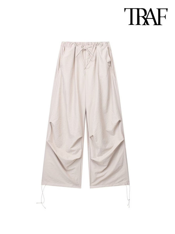 TRAF Sieviešu Modes Sānu kabatas Plisētas Izpletņa Bikses Vintage Augsts Elastīgs Viduklis Ar Savelkamām Auklām Sieviešu bikses Mujer