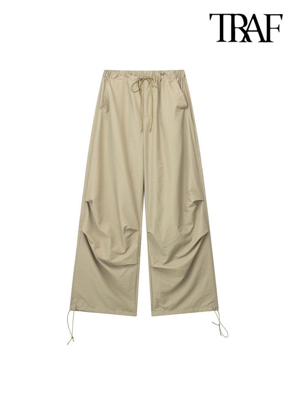 TRAF Sieviešu Modes Sānu kabatas Plisētas Izpletņa Bikses Vintage Augsts Elastīgs Viduklis Ar Savelkamām Auklām Sieviešu bikses Mujer