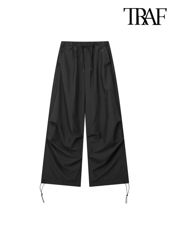 TRAF Sieviešu Modes Sānu kabatas Plisētas Izpletņa Bikses Vintage Augsts Elastīgs Viduklis Ar Savelkamām Auklām Sieviešu bikses Mujer