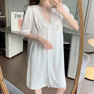 Új 2022 tavaszi nyár selyem női hálóruha rövid szexi hálóing hosszú csipke női hálóing ing lány felsőruházat hálóing