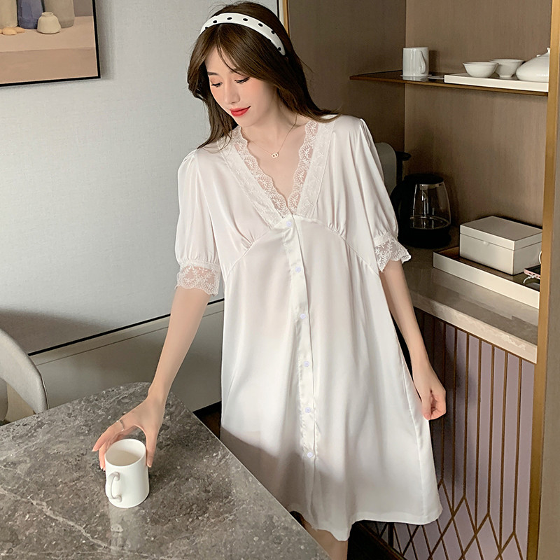 Új 2022 tavaszi nyár selyem női hálóruha rövid szexi hálóing hosszú csipke női hálóing ing lány felsőruházat hálóing