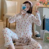 Jauns mežģīņu pidžamas ar V veida kakla izgriezumu pavasara rudens sieviešu pidžamu komplekts ar garām piedurknēm.