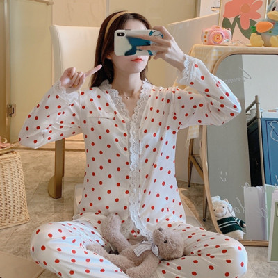 Jauns mežģīņu pidžamas ar V veida kakla izgriezumu pavasara rudens sieviešu pidžamu komplekts ar garām piedurknēm.