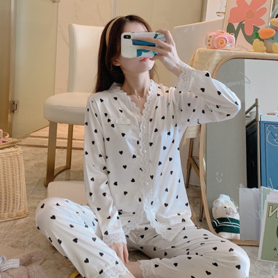 Jauns mežģīņu pidžamas ar V veida kakla izgriezumu pavasara rudens sieviešu pidžamu komplekts ar garām piedurknēm.